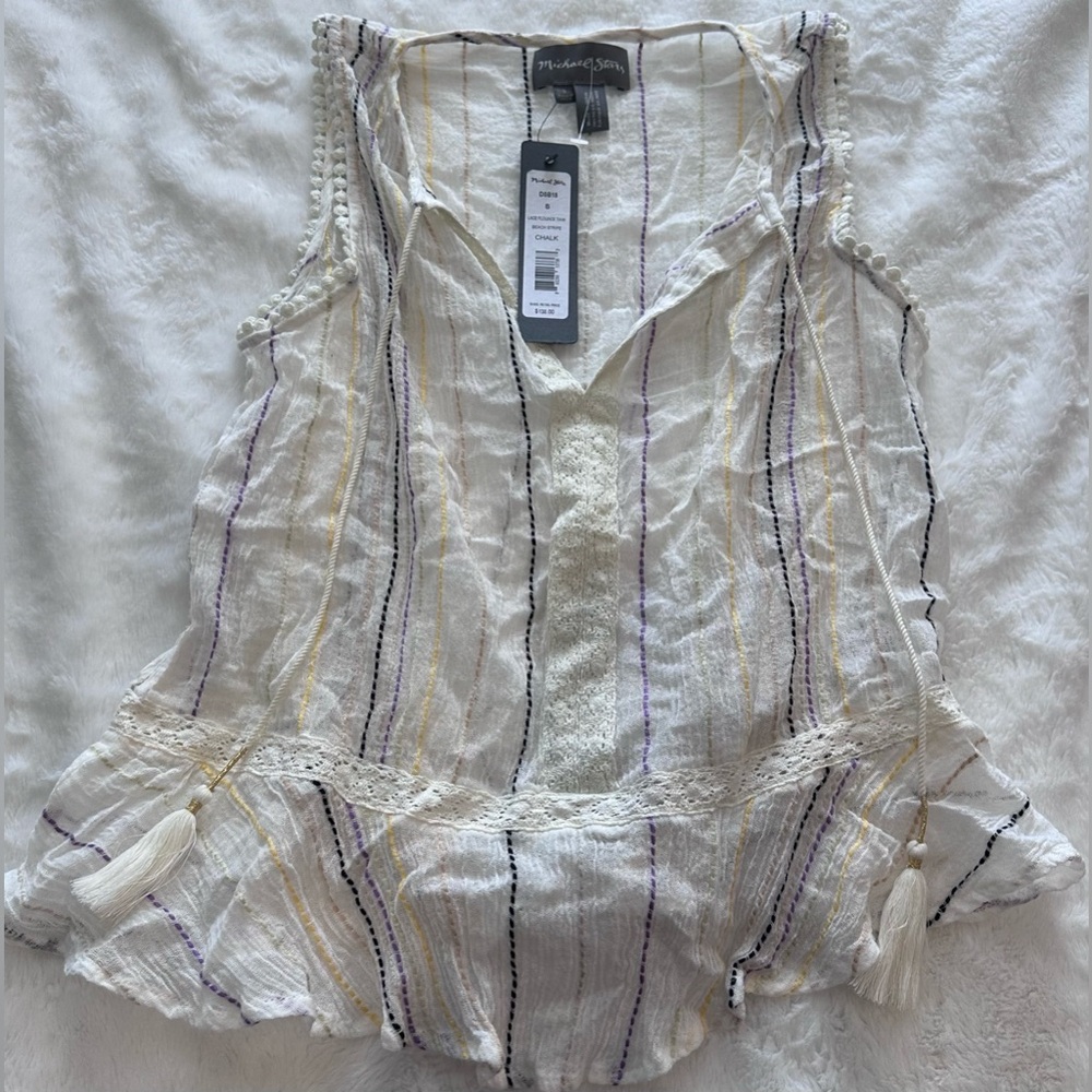 Michael Stars Lace Flounce Tank In Beach Stripe Coastal Top Shirt Blouse Chalk S